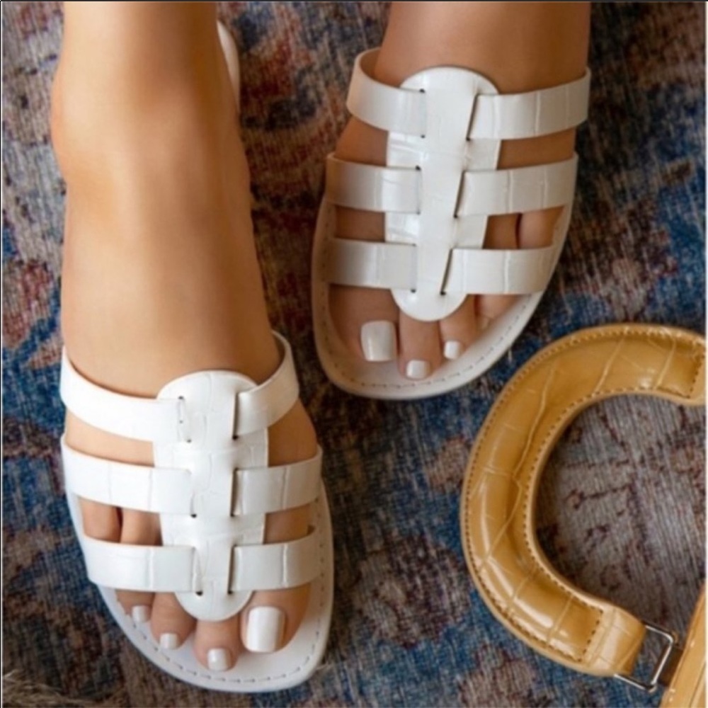 Caged Sandal In White Embossed Croc